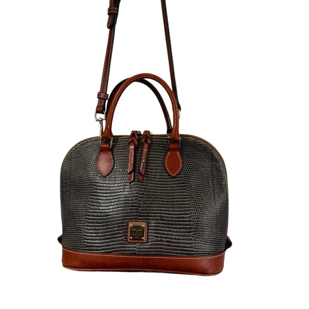 Dooney & Bourke Lizard Embossed Leather Domed Satchel | Brown Leather W/Strap - Picture 3 of 16